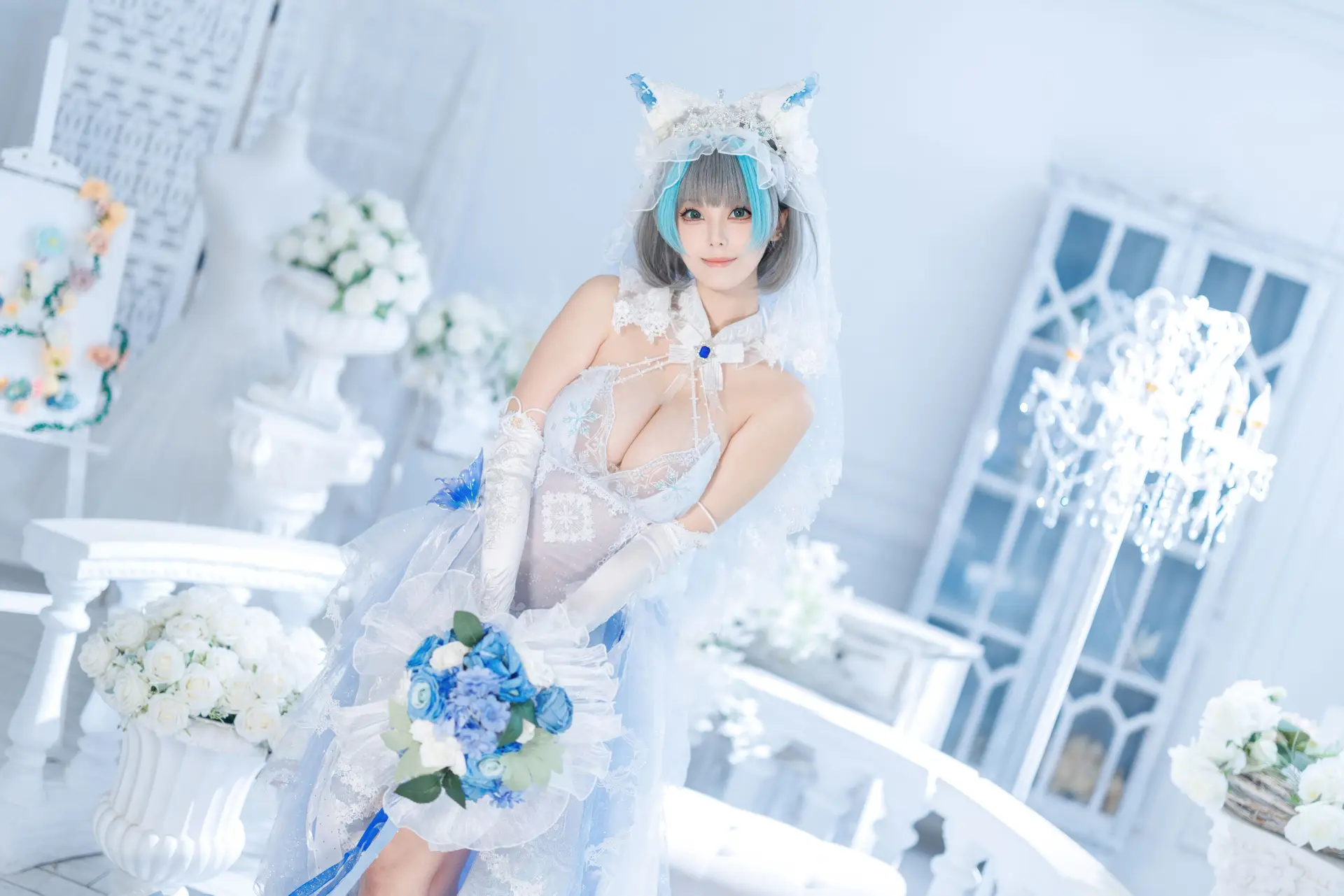 Ảnh Sex Honey Cat Fur Cosplay Azur Lane Cheshire (Wedding Dress)